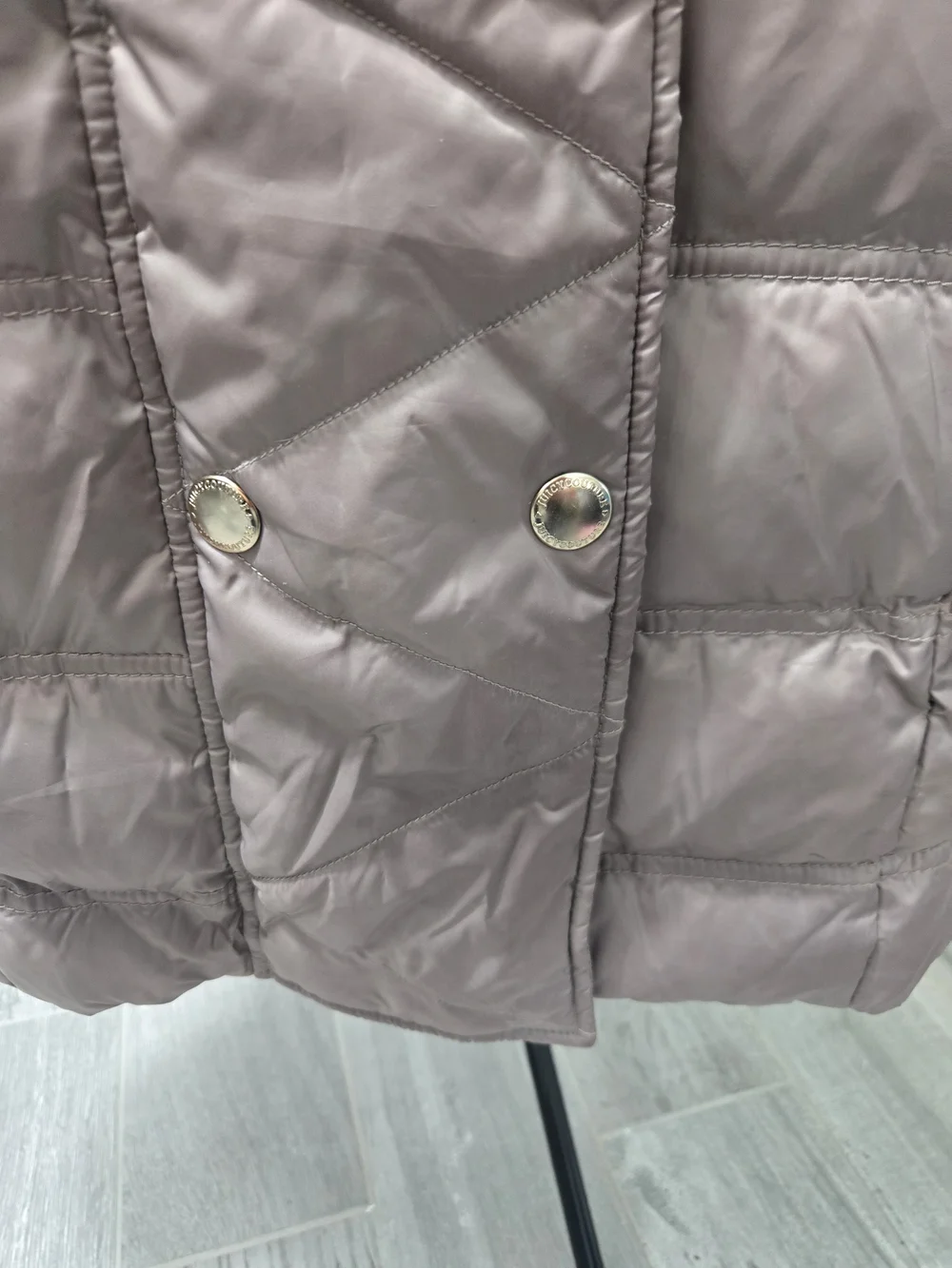 Juicy Couture Women's Taupe Puffer Coat with Faux Fur Trim